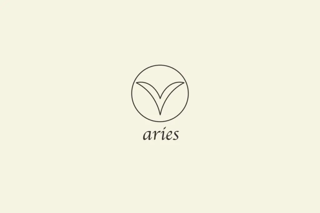 Ilustração do signo de Áries, em fundo bege, contendo símbolo semelhante a um V com hastes arqueadas para fora