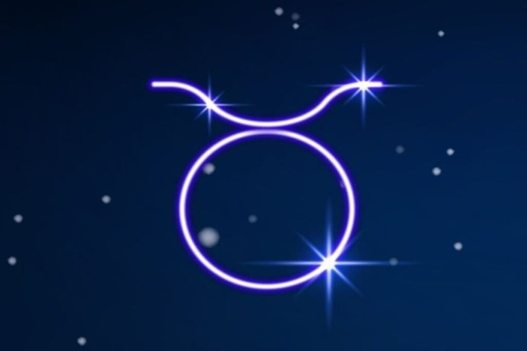 Símbolo do signo de Touro em roxo em fundo azul-escuro com pontos de luz simbolizando as estrelas