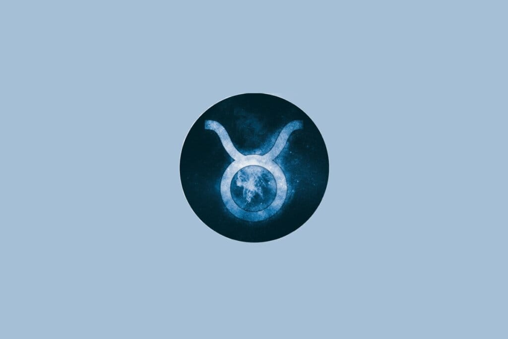 Ilustração do signo de Touro, em fundo azulado, com símbolo de círculo encimado por dois chifres curvados