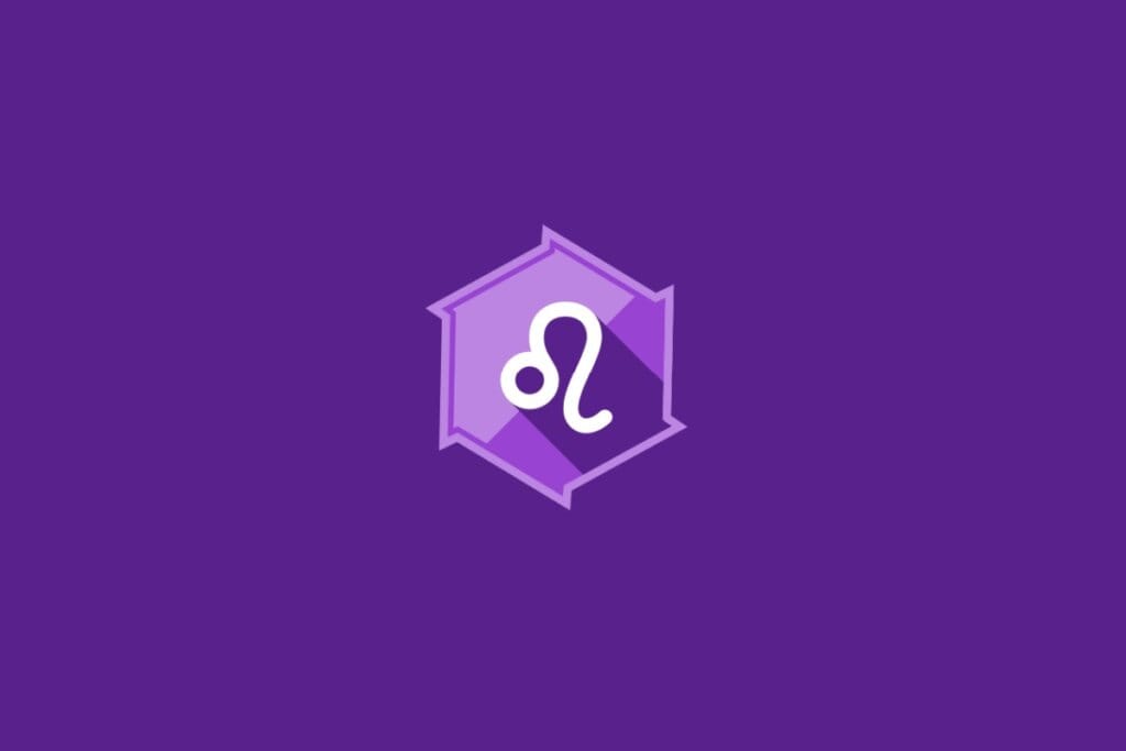 Ilustração do signo de Leão, em fundo roxo, com símbolo curvado que lembra uma cauda de leão em movimento