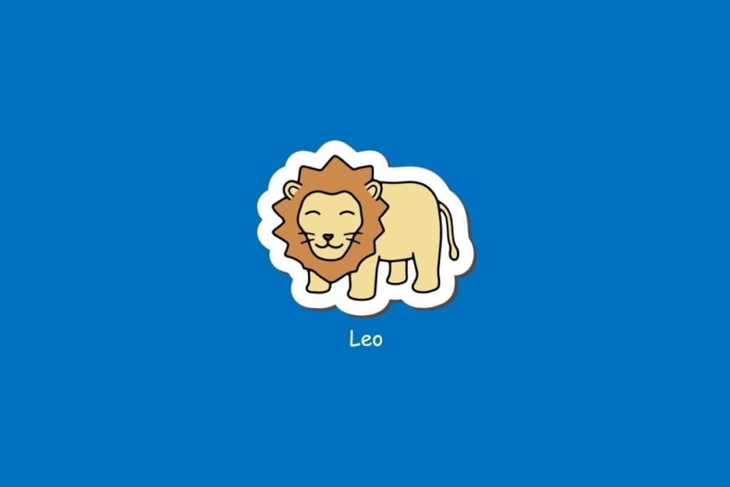 Ilustração do signo de Leão, em fundo azul, com leão amarelo de juba volumosa e expressão amigável