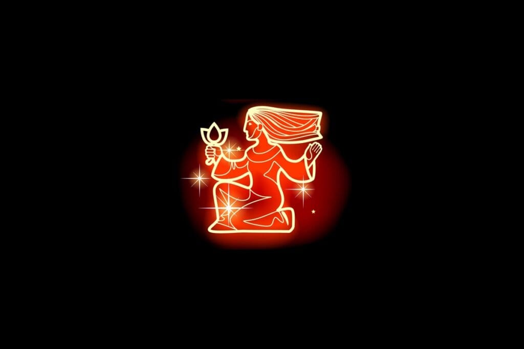 Ilustração em vermelho neon do signo de Virgem em fundo preto