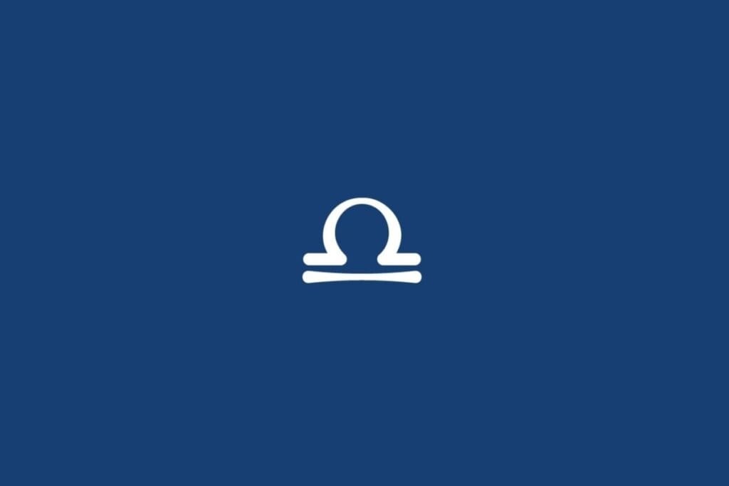 Ilustração do signo de Libra, em fundo azul-escuro, contendo uma forma circular sobre uma linha reta curta e, abaixo, uma linha horizontal