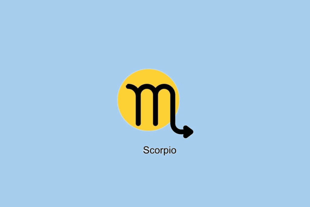 Símbolo do signo de Escorpião ao lado de círculo amarelo em fundo azul claro