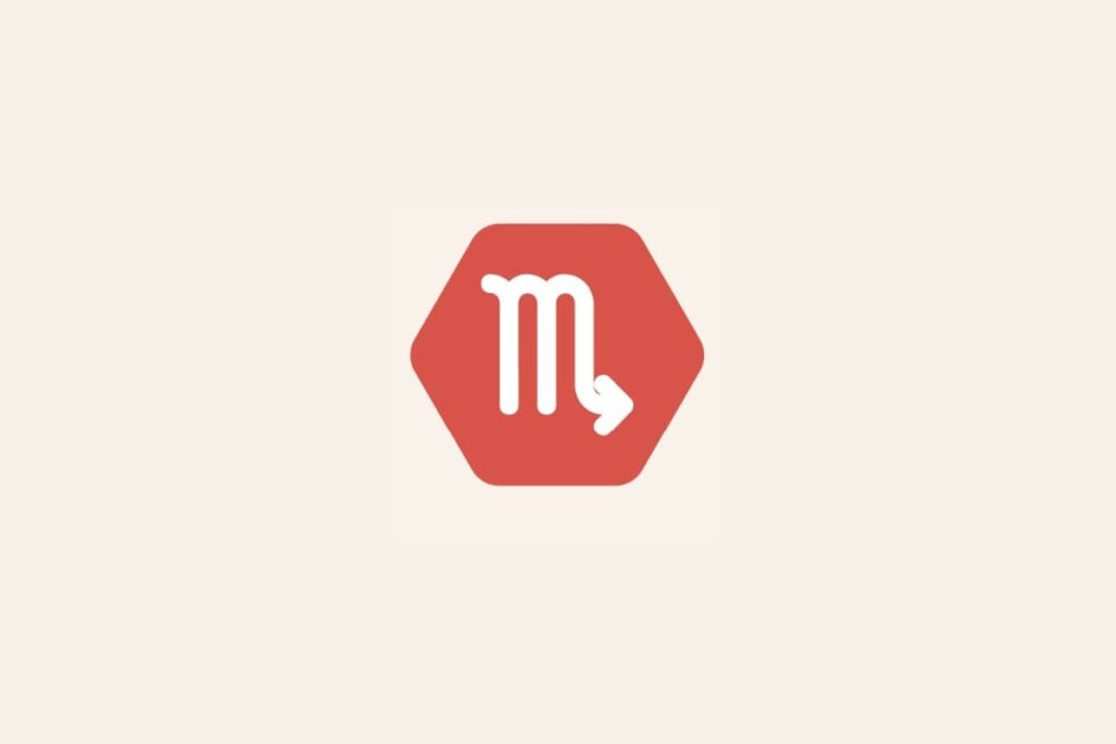 Ilustração do signo Escorpião, com símbolo branco em forma de "M" com seta na ponta final sobre fundo vermelho em hexágono