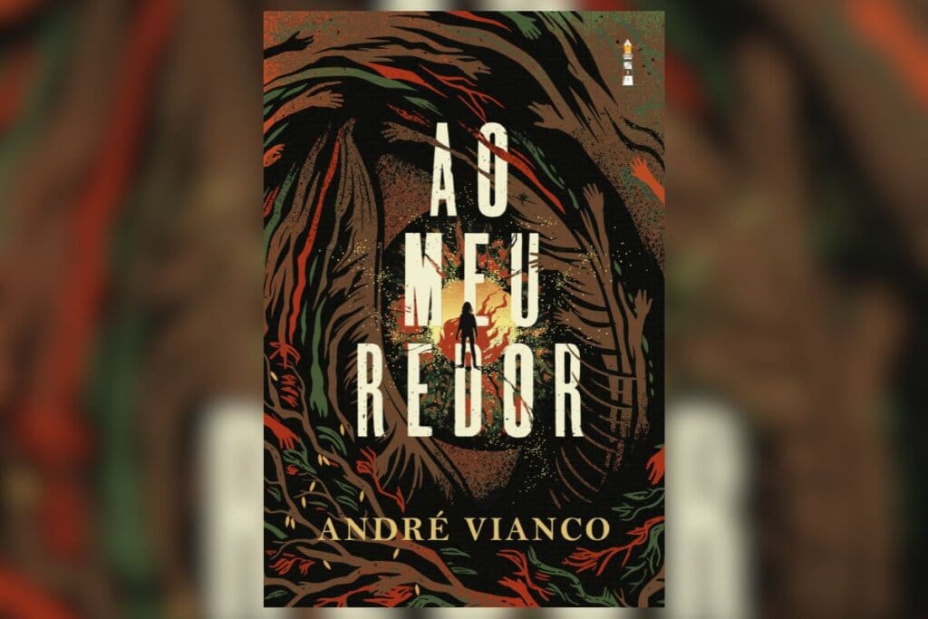 Capa do livro Ao meu redor com uma pessoa andando em meio a uma floresta
