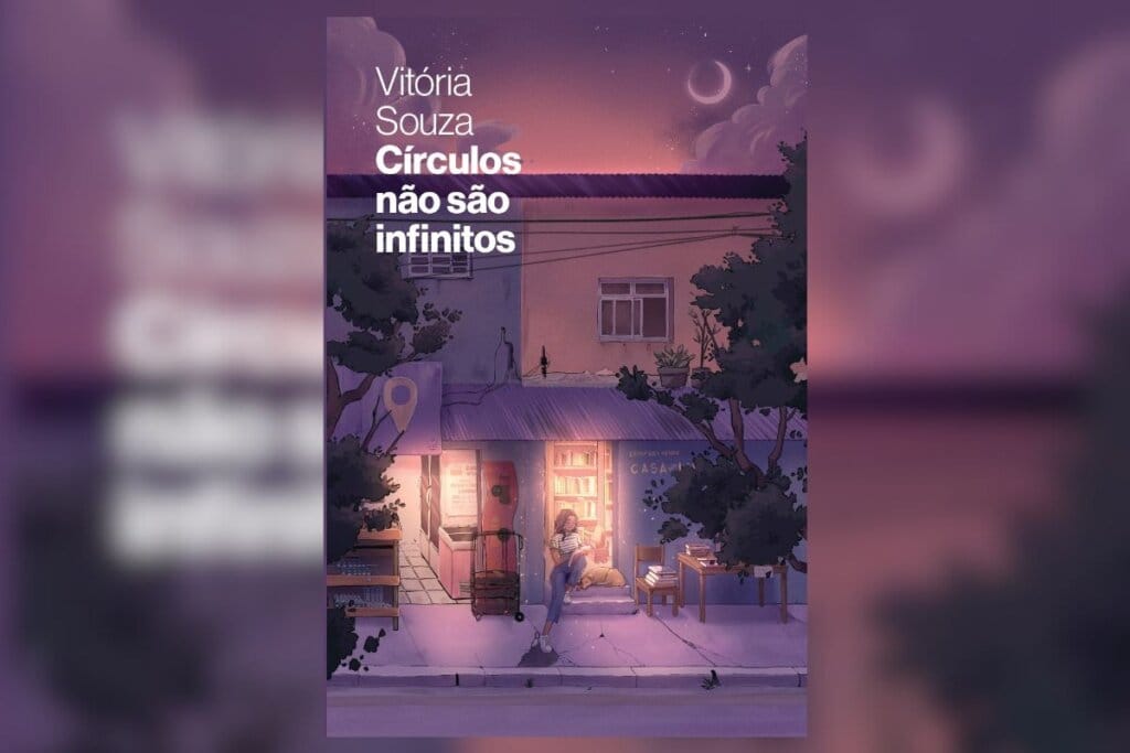 Capa do livro Círculos não são infinitos com a ilustração de duas casas com árvores na frente e portas com luzes amarelas acesas