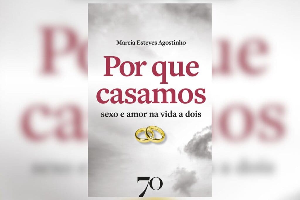 Capa do livro Por que casamos? com duas alianças douradas em um fundo branco