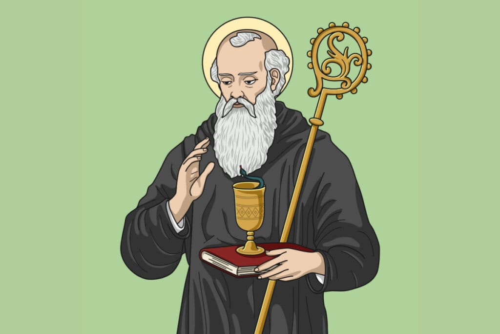 Ilustração de São Bento vestindo uma roupa preta e segurando um cajado, um livro e uma taça dourada