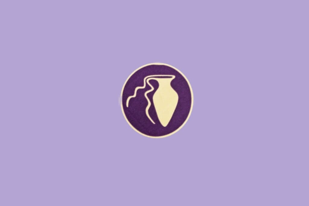 Ilustração minimalista do signo de Aquário, representado por um vaso vertendo água em círculo roxo