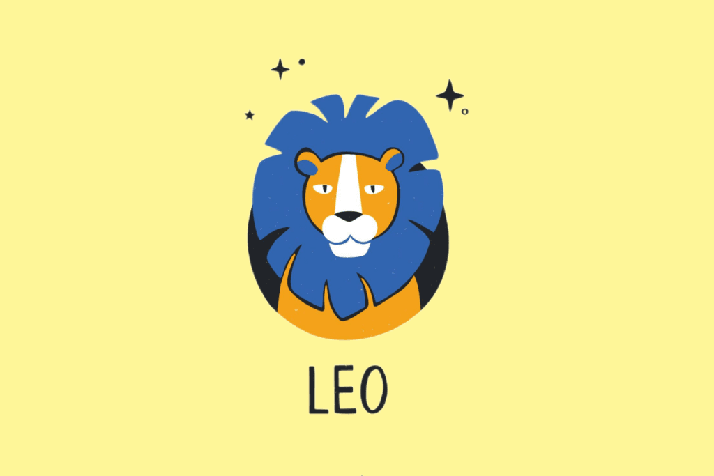 ilustração de um leão amarelo com juba azul em fundo amarelo-claro. está escrito "leo" embaixo