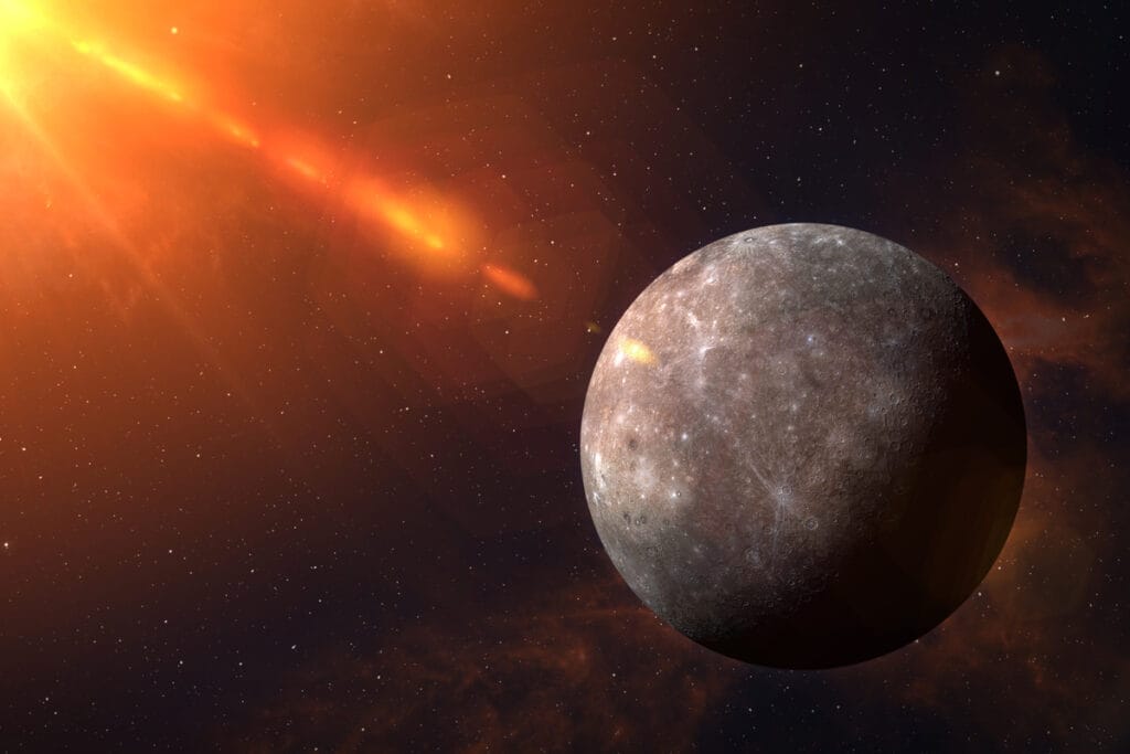 Ilustração do planeta Mercúrio com uma luz amarela do lado