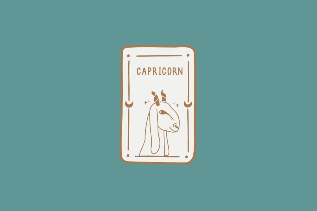 Ilustração do signo de Capricórnio, em fundo verde-azulado, contendo a cabeça de uma cabra com chifres curvos, focinho alongado e detalhes em linhas suaves