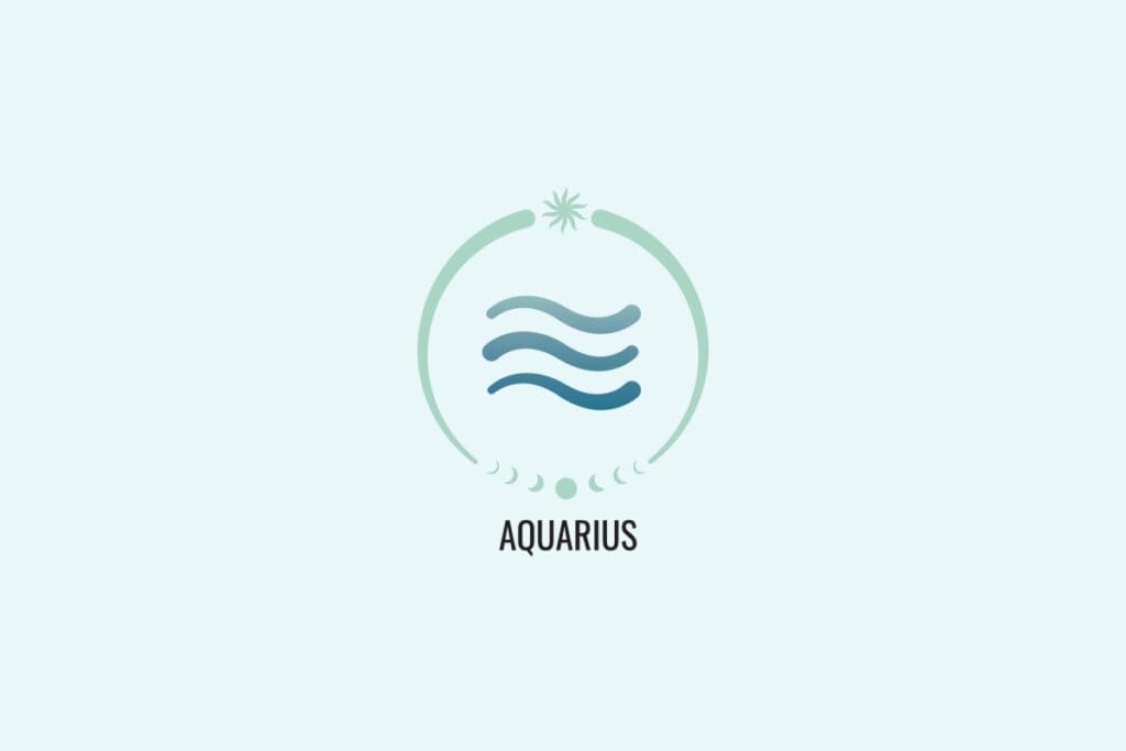 Ilustração do signo Aquário, com símbolo composto por três linhas onduladas horizontais em tons de azul, sobre fundo verde-claro