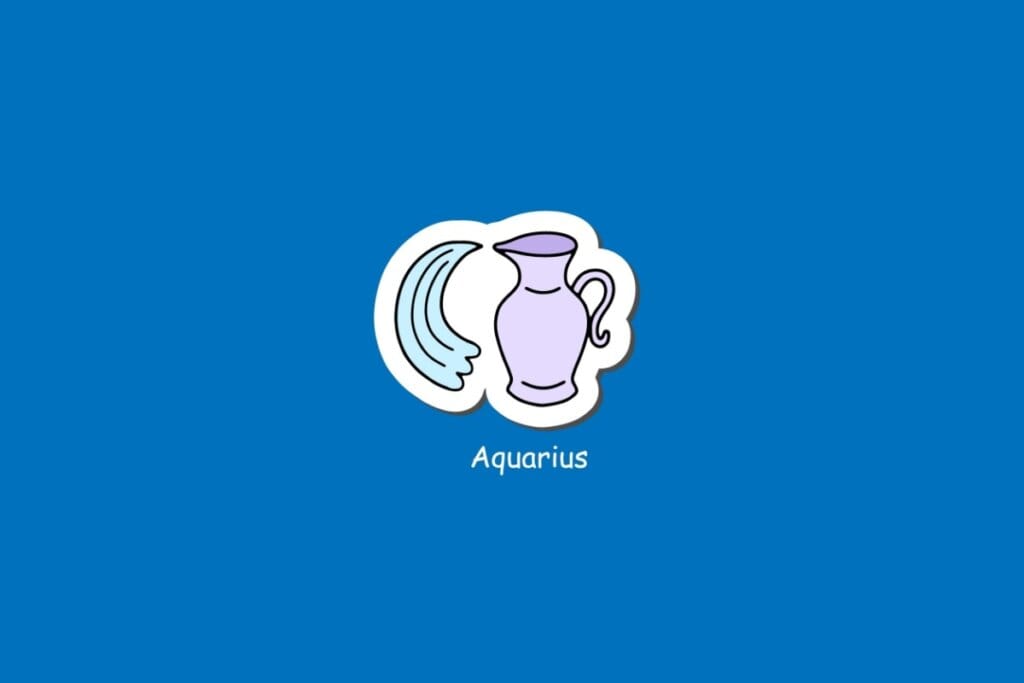 Ilustração do signo de Aquário, em fundo azul, com jarro roxo vertendo água em ondas azul-claras