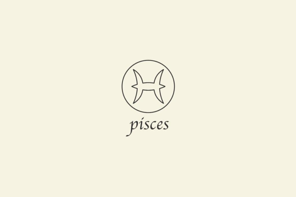 Ilustração do signo de Peixes, em fundo bege, contendo dois arcos opostos conectados ao centro por uma linha reta horizontal, formando o símbolo de dois peixes em sentidos contrários