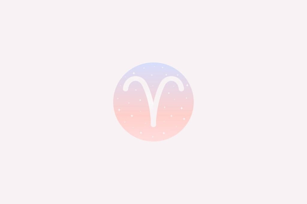Ilustração do signo de Áries com traços brancos em forma de “V” curvo representando chifres em fundo rosa e azul com estrelas