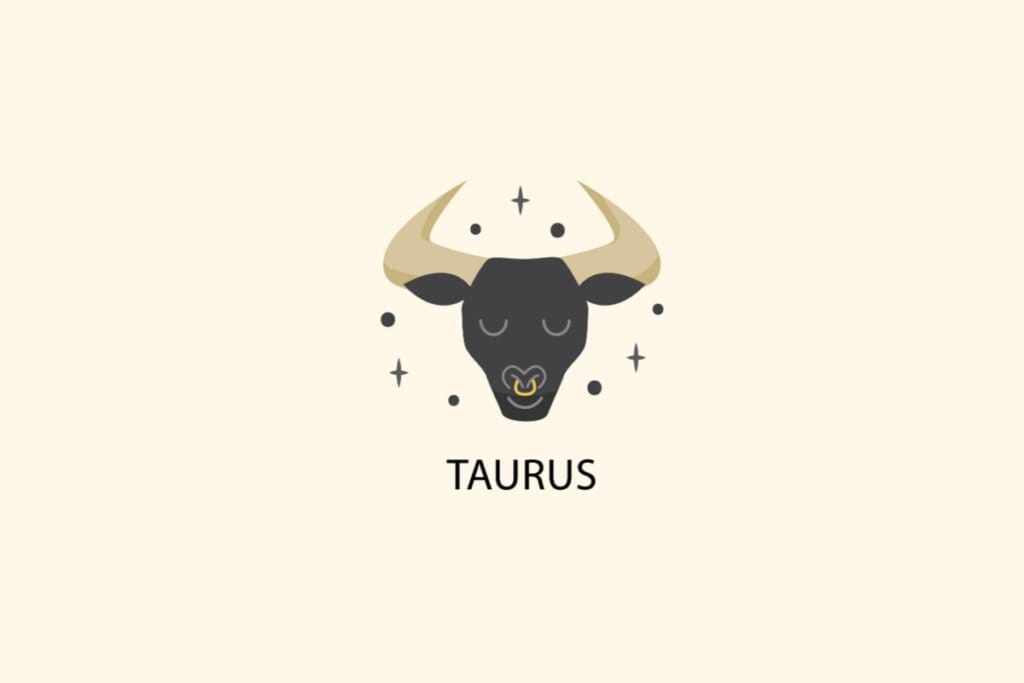 Ilustração do signo de Touro, em fundo bege-claro, contendo a cabeça de um touro preto com chifres