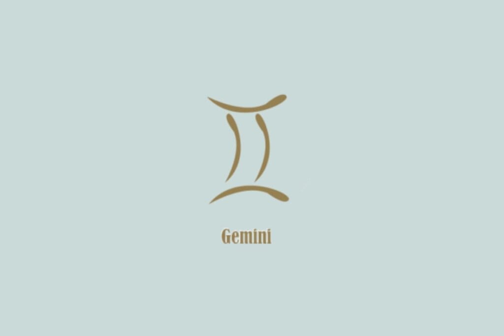 Símbolo dourado de Gêmeos, formado por duas linhas curvas paralelas, com a palavra "Gemini" abaixo, em fundo azul-claro
