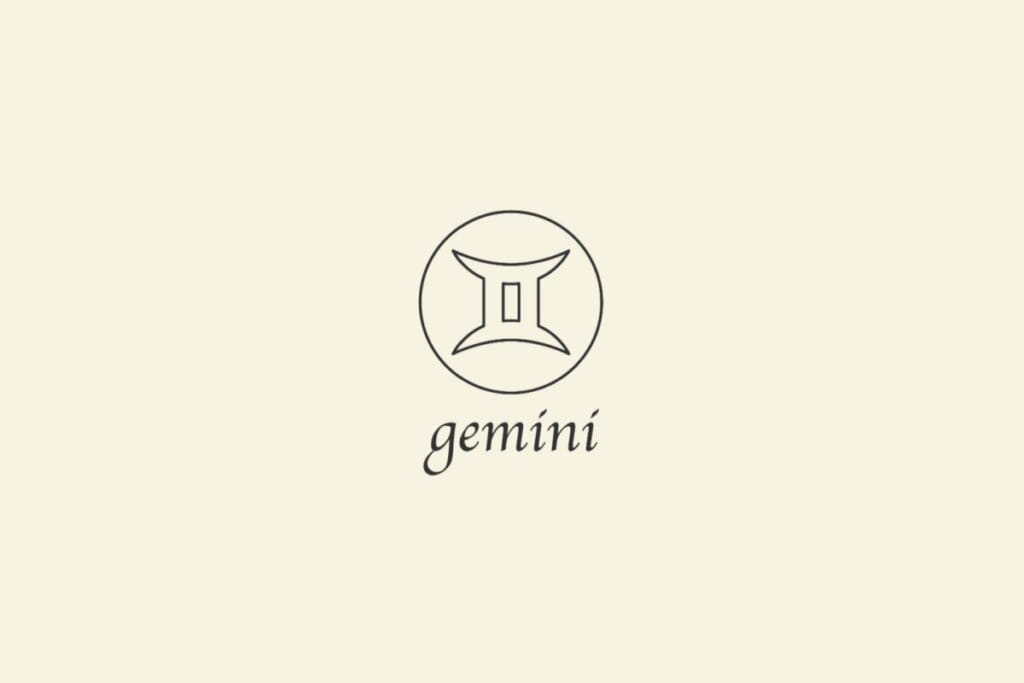 Ilustração do signo de Gêmeos, em fundo bege, contendo duas linhas curvas verticais paralelas, unidas por traços retos acima e abaixo
