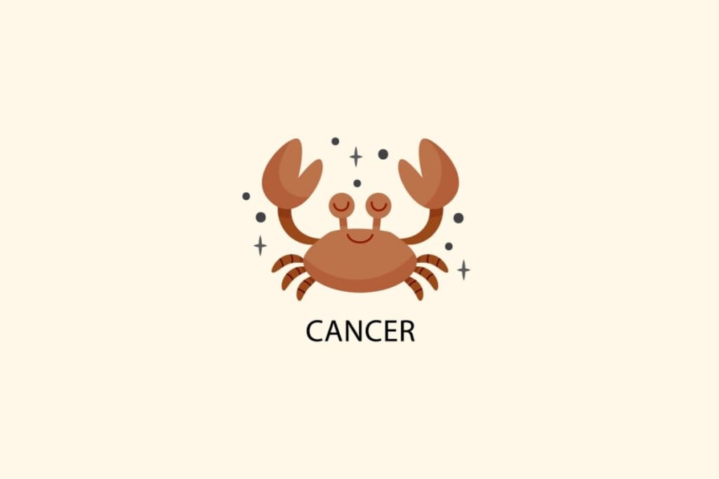 Ilustração do signo de Câncer, em fundo bege-claro, contendo um caranguejo marrom com pinças levantadas