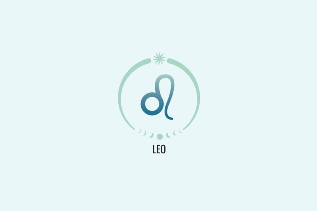 Ilustração do signo Leão, com símbolo representando uma cauda curva partindo de um círculo, em tom azul esverdeado, sobre fundo verde-claro