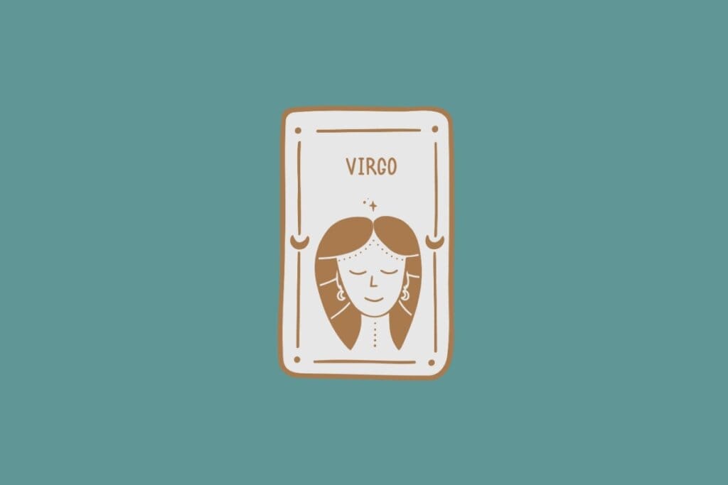 Ilustração do signo de Virgem, em fundo verde-azulado, contendo o rosto de uma mulher com olhos fechados, cabelo dividido ao meio e dois brincos