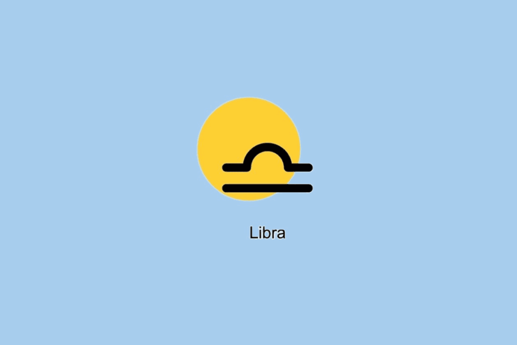 Símbolo do signo de Libra ao lado de círculo amarelo em fundo azul claro