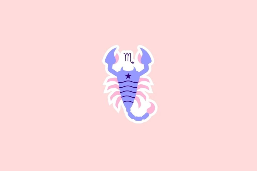 Ilustração de um escorpião em tons de azul, roxo e rosa com o símbolo de Escorpião acima, sobre fundo rosa-claro