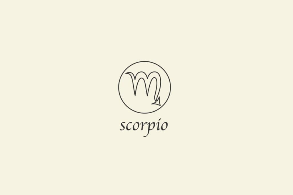 Ilustração do signo de Escorpião, em fundo bege, contendo símbolo semelhante à letra “M” com uma cauda curva em forma de seta para a direita