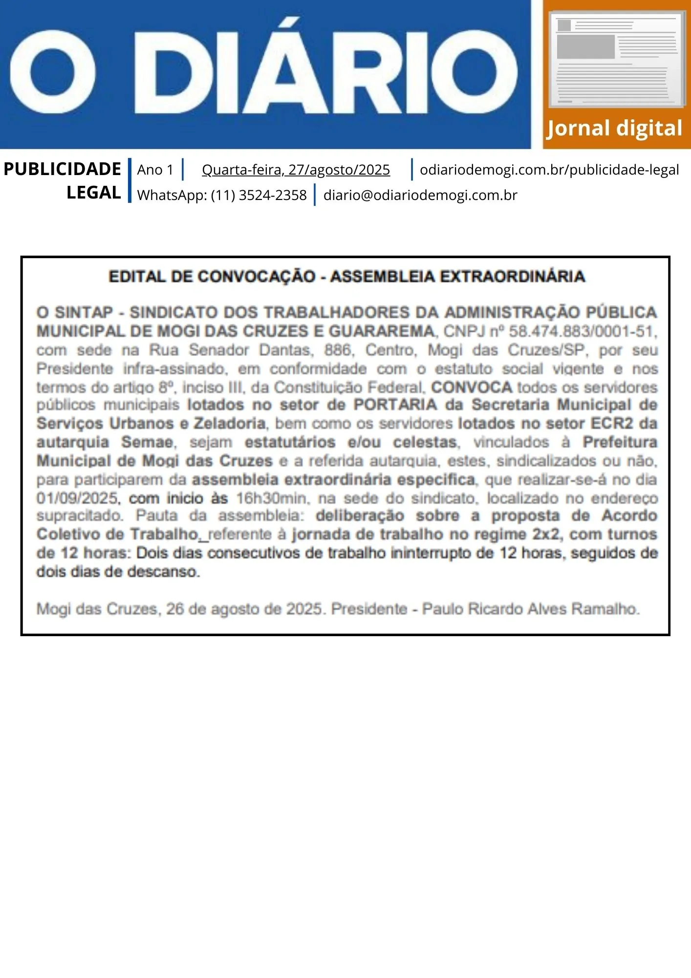 Quarta-feira, 27 de agosto de 2025