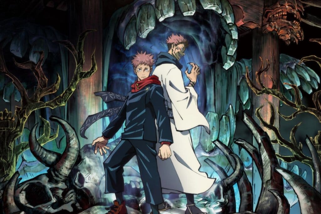 Ilustração dos personagens de Jujutsu Kaisen em uma caverna virados um de costas para o outro