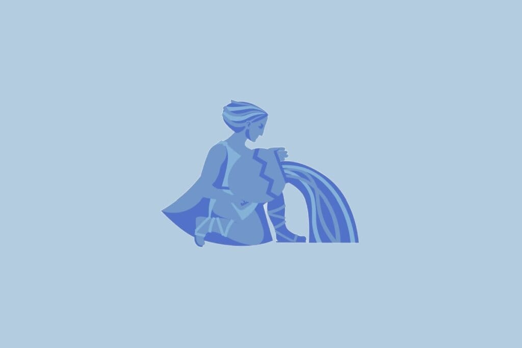 Ilustração do signo Aquário, com uma figura em azul despejando água de um jarro, sobre fundo azul-claro