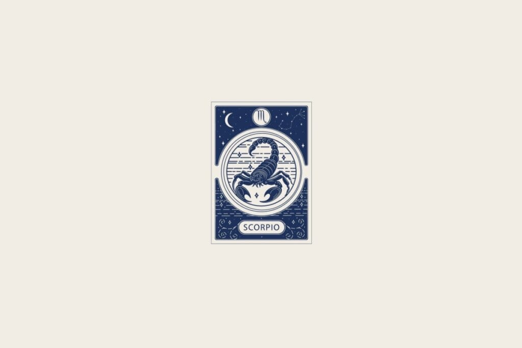 Ilustração do signo de Escorpião em azul dentro de uma carta e com fundo bege-claro