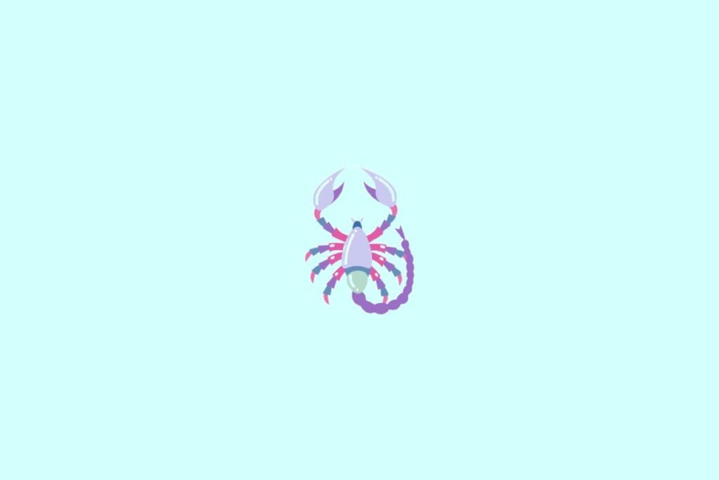 Ilustração de um escorpião roxo, cinza, azul e rosa, representando o signo de escorpião, em um fundo verde-claro