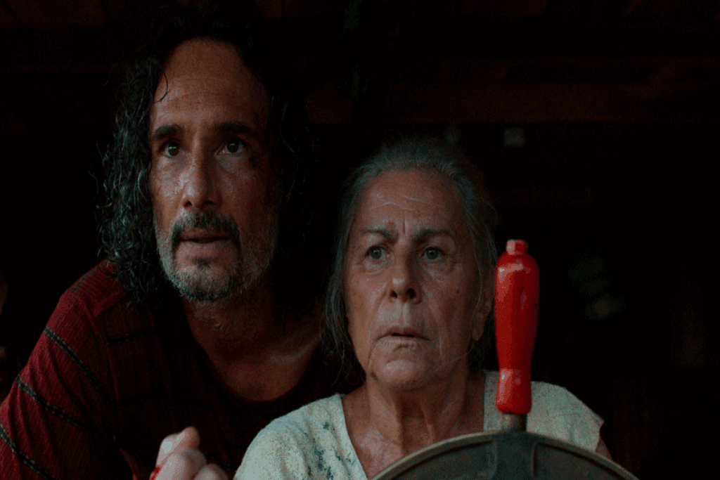 Imagem de um homem de barba com cabelo comprido vestindo uma camiseta vermelha, ao lado de uma senhora idosa usando uma camiseta verde dirigindo barco