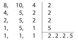 Conta de Mínimo Múltiplo Comum dos números 8, 10 e 4.