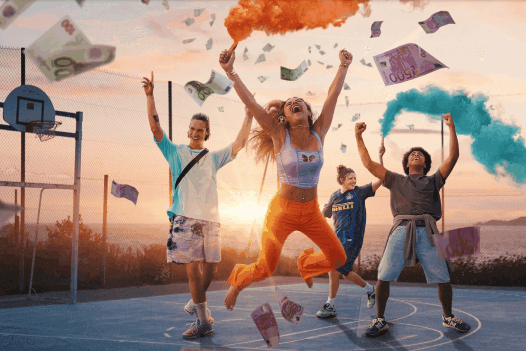 Grupo de quatro jovens comemorando em quadra de basquete com notas de dinheiro no ar e fumaça colorida