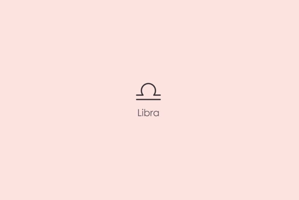 Ilustração do símbolo e nome do signo de libra em inglês em fundo rosa