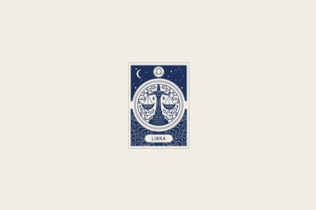 Ilustração do signo de Libra em azul dentro de uma carta e com fundo bege-claro