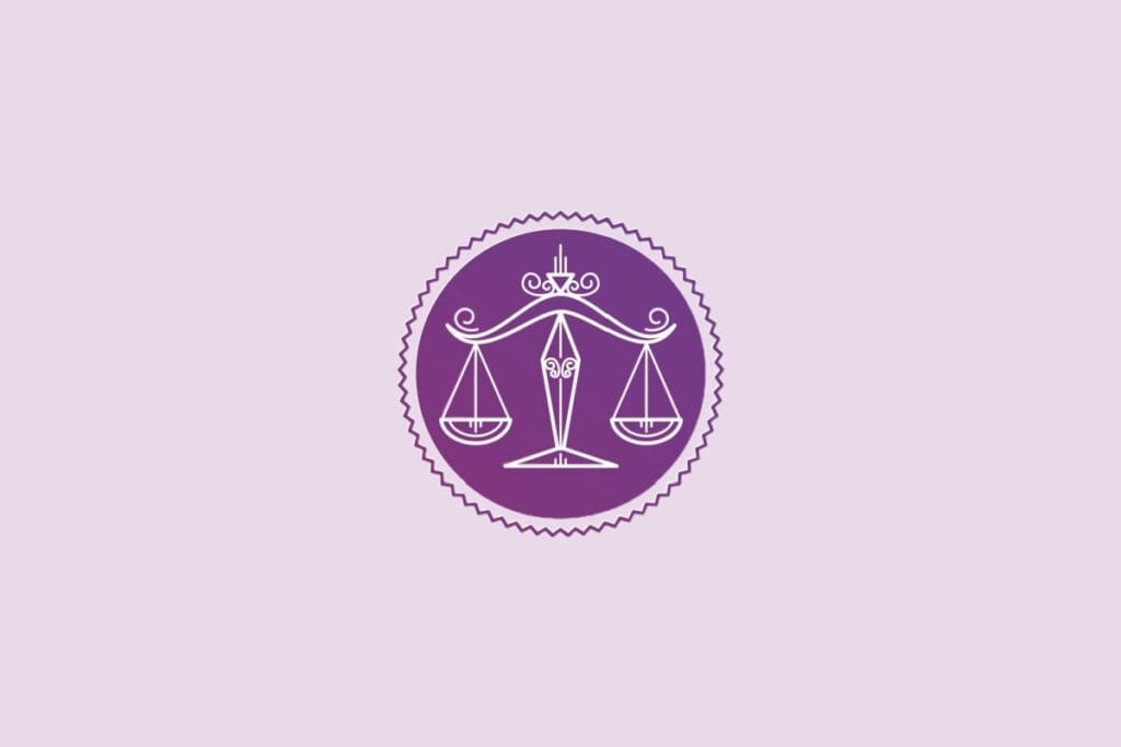 ilustração de uma balança representando o signo de libra em círculo roxo em fundo lilás
