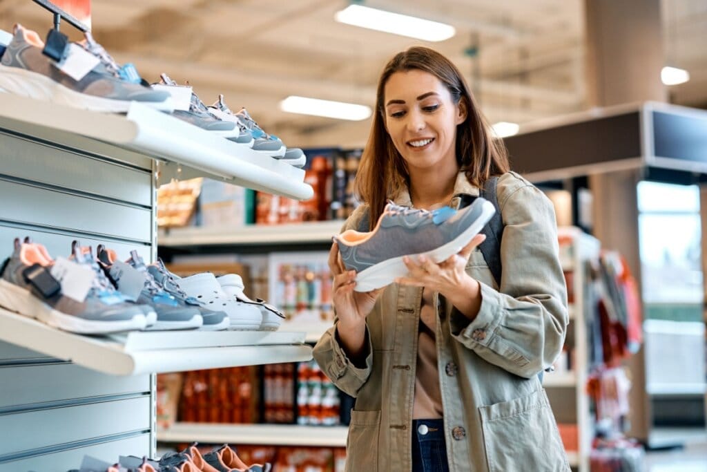Mulher jovem com o cabelo liso, solto. Escolhendo tênis em loja de departamento 