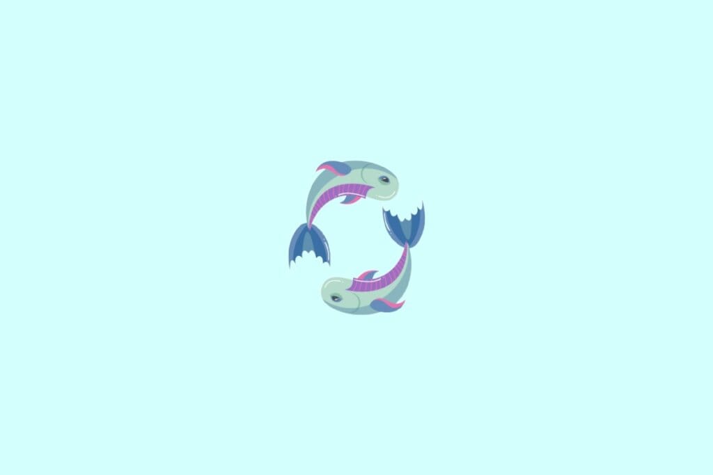 Ilustração de dois peixes nadando em círculo em tons de azul, roxo e rosa, representando o signo de peixes, em um fundo verde-claro