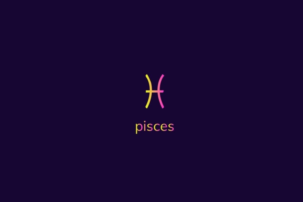 Ilustração do signo de peixes na cor rosa e amarelo em um fundo azul-escuro
