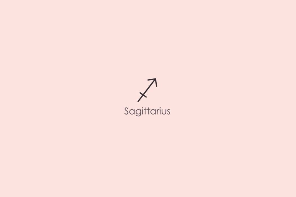 Ilustração do símbolo e nome do signo de sagitário em inglês em fundo rosa