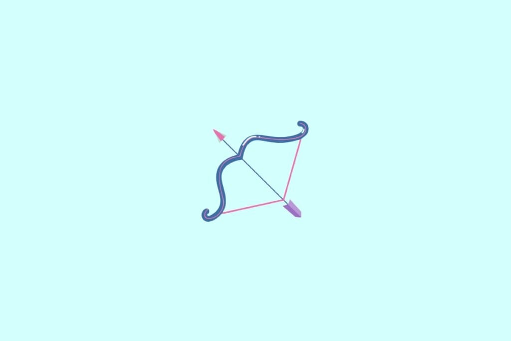 Ilustração de um arco e flecha azul, rosa e roxo, representando o signo de sagitário, em um fundo verde-claro