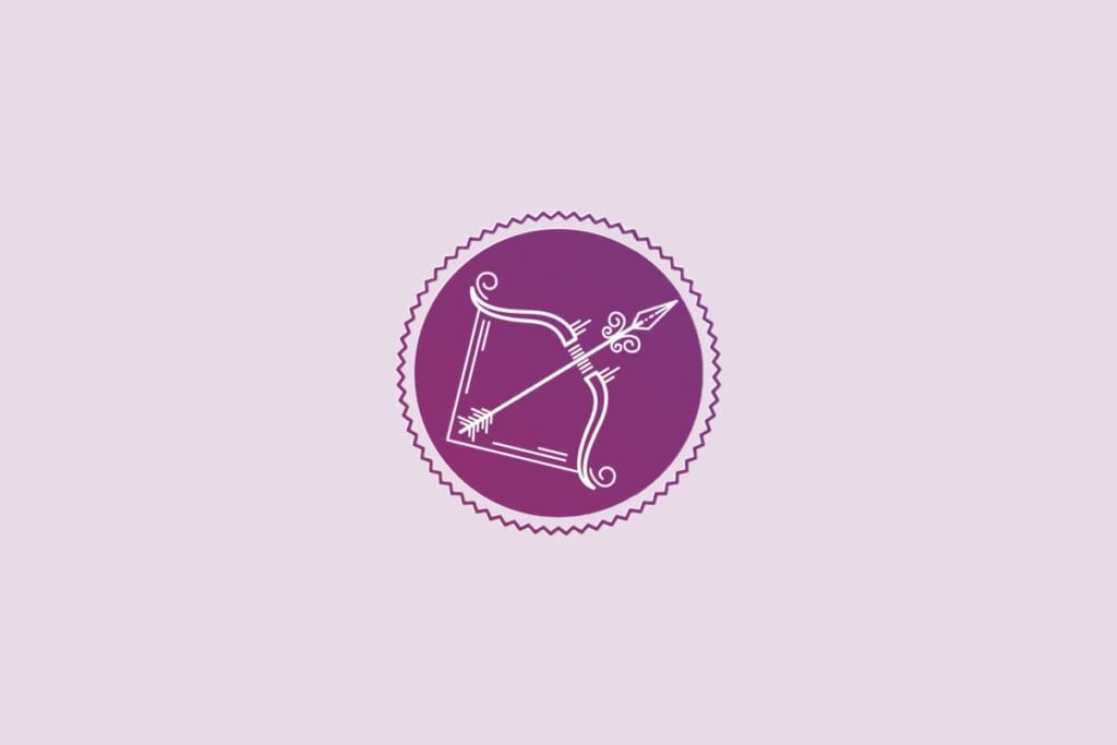 ilustração de um arco e flecha representando o signo de sagitário em círculo roxo em fundo lilás