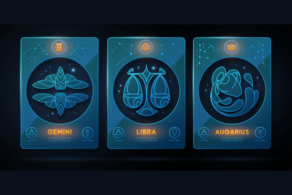 Símbolos dos signos de ar (Gêmeos, Libra e Aquário) em azul e laranja em fundo escuro