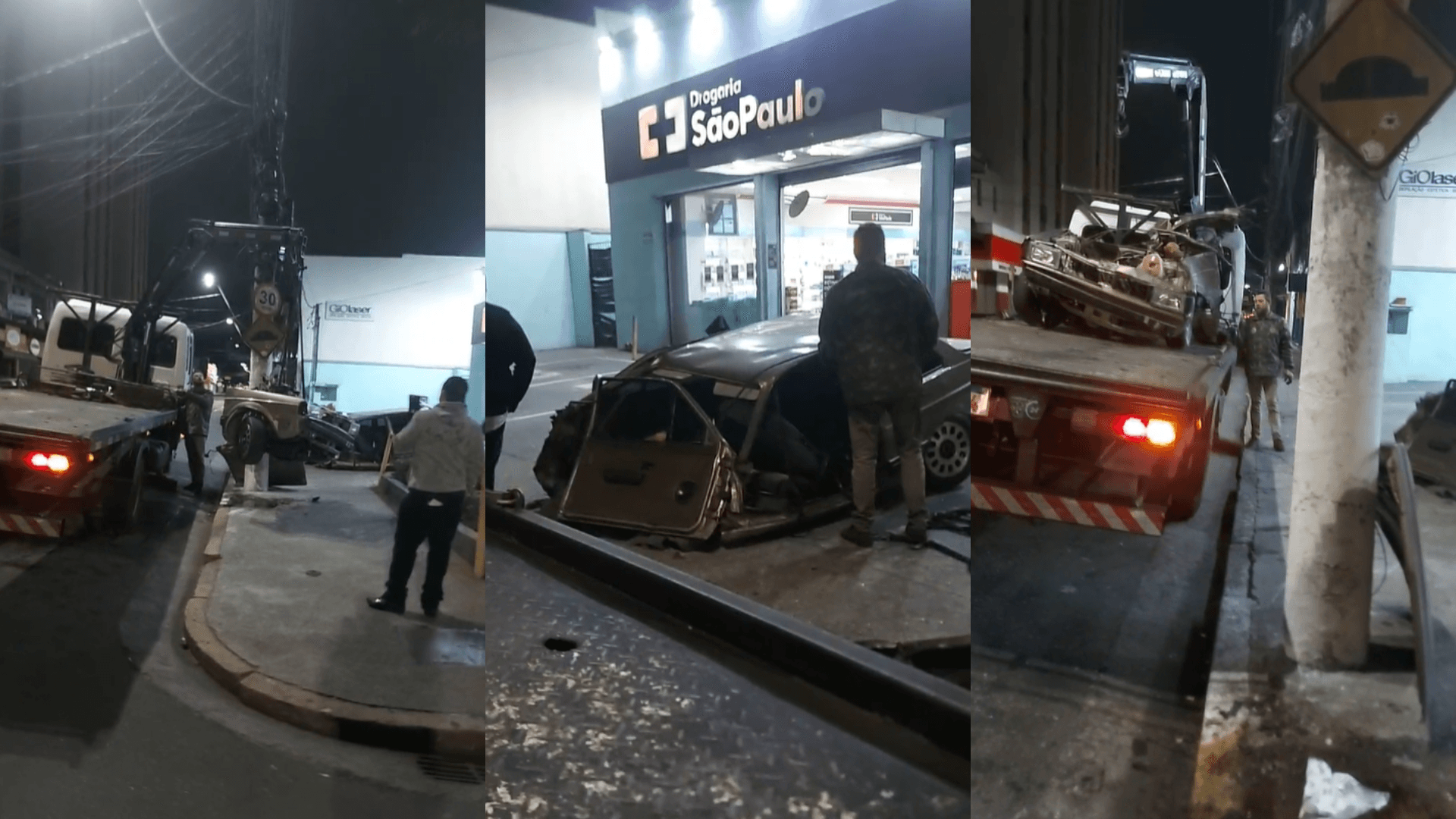 Colisão contra poste parte carro ao meio, em Suzano