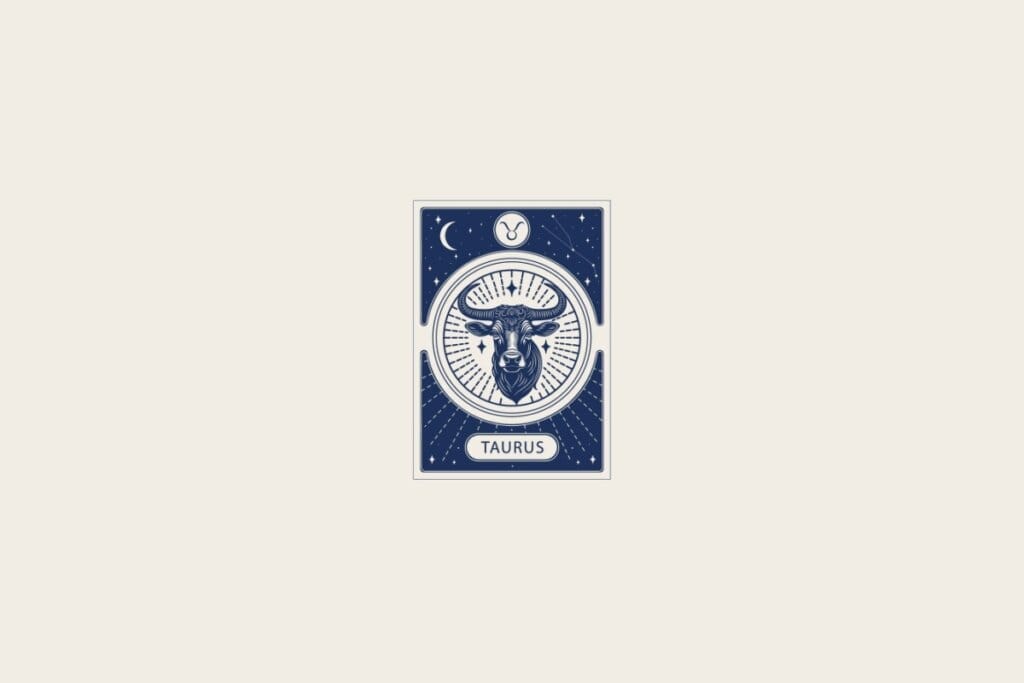 Ilustração do signo de Touro em azul dentro de uma carta e com fundo bege-claro